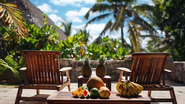 two teak recliner chairs and a table full of exotic fruit at a tropical beach resort