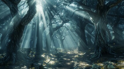Ethereal light beams shining down on a mystical forest, trees twisted in anguish, shadows dancing on the forest floor 3D Render, haunting Backlights, Wideangle view - obrazy, fototapety, plakaty