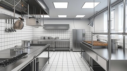 Interior of restaurant kitchen in metal materials, project for your business