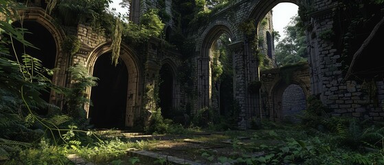 Forgotten Ruins, Timeless Mystery, Overgrown Nature, Abandoned Castle, 3D Render, Silhouette Lighting, Chromatic Aberration, Wideangle view