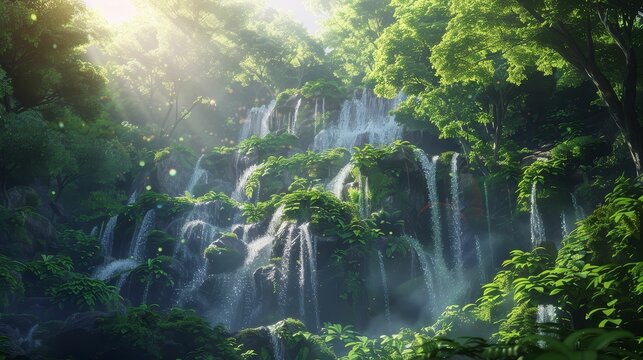 Fantasy Avatar, Digital Forest, Immersing in imagination, Magic cascading waterfalls, Realistic, Sunlight, HDR, Tilted angle vie