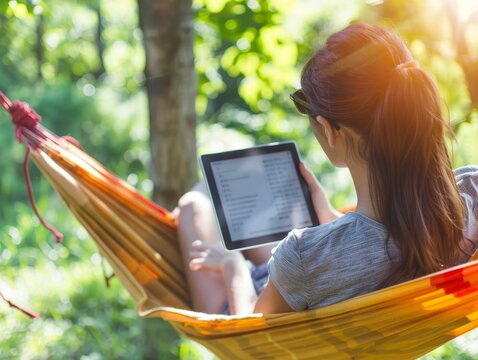 Freelancer in Hammock, Tablet, Relaxing in outdoor workspace, Flexible workday, Photography, Sunlight, Vignette, Rack focus view