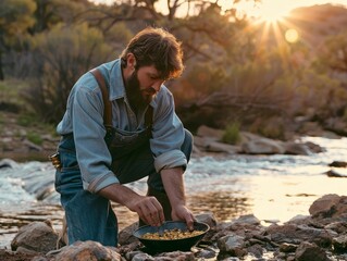 Gold Miner, denim overalls, rugged prospector, panning for gold nuggets near the rushing river, sunset glow, realistic, golden hour, Lens Flare, Macro shot