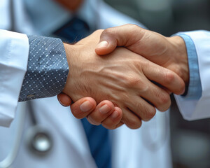Close up shot of a handshake between a doctor and a patient, symbolizing the bridge between scientific research and improved patient outcomes Space for text or title, copy space