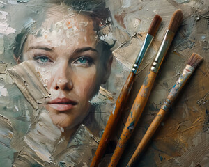 Commercial A set of artist's brushes with a variety of textures  flat, filbert, and round ? rests beside a canvas with a partially completed portrait in a realistic style, - obrazy, fototapety, plakaty