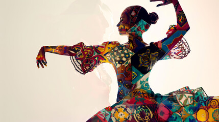 Double exposure of a flamenco dancer with their body formed from vibrant Spanish tiles and patterns, capturing the cultural energy of dance