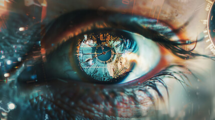 Double exposure of a human eye with a clock face inside the pupil, a metaphor for the fleeting nature of time - obrazy, fototapety, plakaty