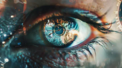 Fotobehang Double exposure of a human eye with a clock face inside the pupil, a metaphor for the fleeting nature of time © In-Trend Image