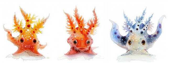 Baby nudibranchs with expressive eyes in a minimalist watercolor style