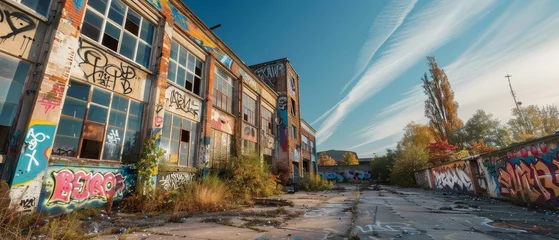 Foto op Plexiglas Graffiti, abandoned building, art revolution, bright graffiti bringing life to neglected spaces, uniting locals Photography, Golden hour, Depth of field bokeh effect, Dutch angle view © Jiraphiphat