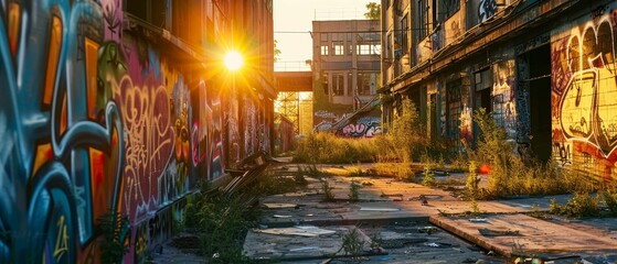 Graffiti, abandoned building, art revolution, bright graffiti bringing life to neglected spaces, uniting locals Photography, Golden hour, Depth of field bokeh effect, Dutch angle view