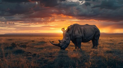 Lone Northern White Rhinoceros at Sunset