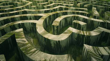 Double exposure of a maze with twisting paths and dead ends, a visual representation of life's challenges and choices