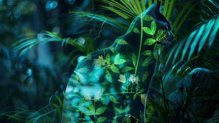 Double exposure of a sleek cat with its silhouette filled with a lush rainforest at night, bioluminescent plants and insects create a magical scene