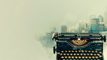 Double exposure of a vintage typewriter with the keys forming a bustling cityscape, a tribute to the power of words and communication - obrazy, fototapety, plakaty