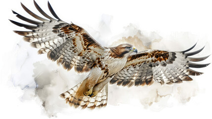 Double exposure of a soaring hawk with its wings morphing into clouds, white background, high resolution, hyper realistic