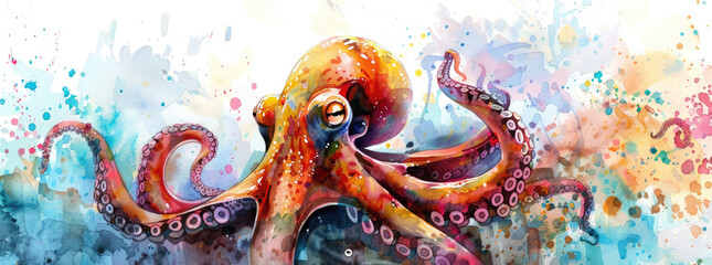 Baby octopus with expressive eyes in a minimalist watercolor style  - obrazy, fototapety, plakaty
