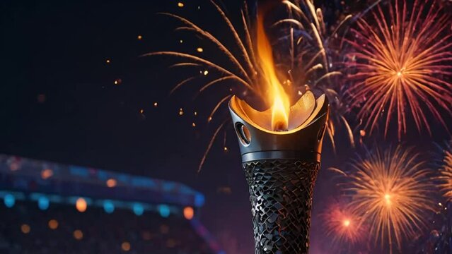 Torch with fire, symbol of the Olympics, fireworks