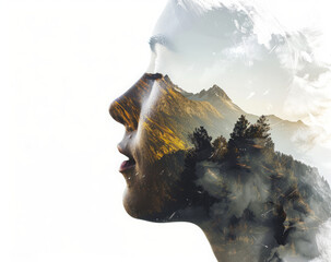 Double exposure photography of woman's portrait and mountain, white background, sharp focus on the face, double layered - obrazy, fototapety, plakaty