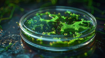 Photorealistic Petri dish containing a colony of genetically modified bacteria glowing green Successful expression of a desired gene Space for text or title, copy space