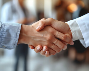 Close up shot of a handshake between a doctor and a patient, symbolizing the bridge between scientific research and improved patient outcomes Space for text or title, copy space