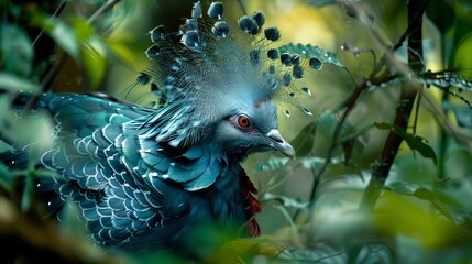 Majestic Victoria Crowned Pigeon in New Guinea Rainforest - obrazy, fototapety, plakaty