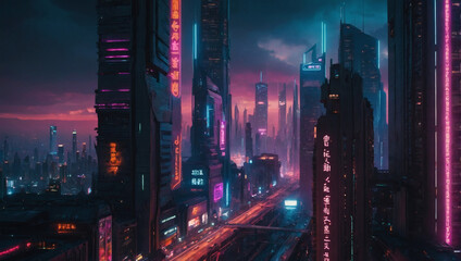 Cyberpunk cityscape with neon-lit skyscrapers towering over futuristic highways.