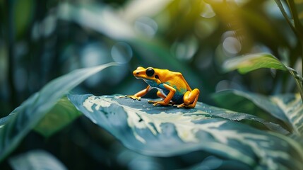 Vibrant Golden Poison Dart Frog on Green Leaf