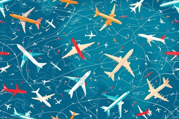 Watercolor drawn seamless airplanes routes over globe earth, concept of travel around the world - obrazy, fototapety, plakaty