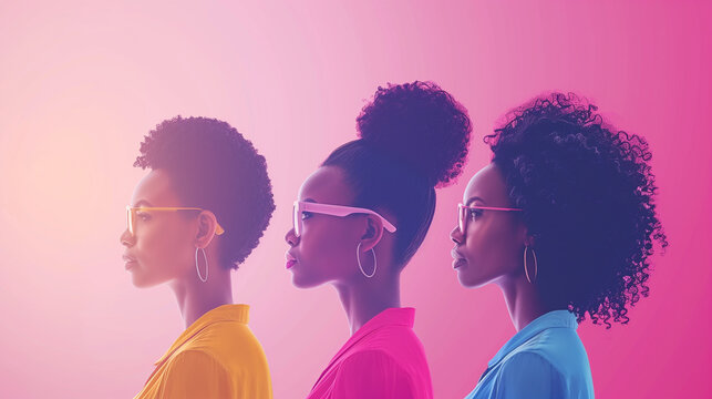 Personality Profiles. Side profiles of three African American women on a pink gradient background, each emphasizing unique hairstyles and fashion in yellow, pink, and blue clothing. diversity and indi