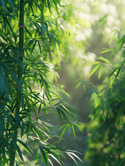Naklejka premium A Serene Bamboo ForestDappled Sunlight and Birds Singing