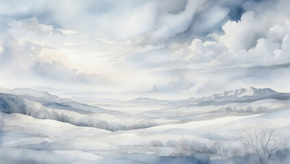 Delicate watercolor background featuring shades of icy blue, silver, and soft gray, capturing the serene beauty of a snowy landscape under a cloudy sky.