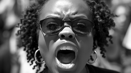 Close-up portrait of an African-American woman shouting slogans for the rights of black people. Black Freedom Day. - obrazy, fototapety, plakaty