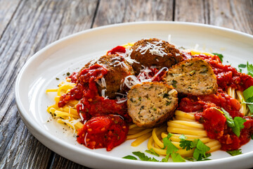 Linguine meatballs in bolognese sauce on wooden table
