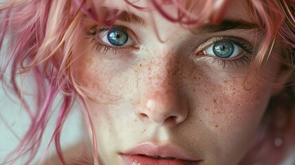 Enigmatic Portrait of Individual with Rose Gold and Lavender Hair - obrazy, fototapety, plakaty