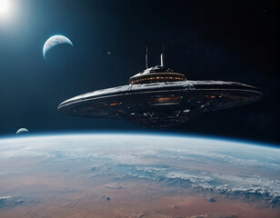 Obraz premium spaceship orbiting a distant planet