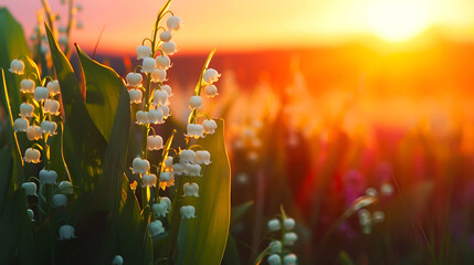 Banner of lily of the valley in a field during sunset, copy space - obrazy, fototapety, plakaty