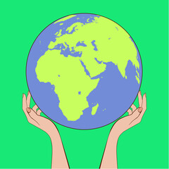 International Earth Day.  Hands holding globe, earth.  Eco concept. Environmental problems and environmental protection. Vector illustration. 