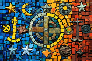 Obraz premium Colorful mosaic depicting diverse religious symbols, promoting interfaith harmony, understanding, and cultural appreciation