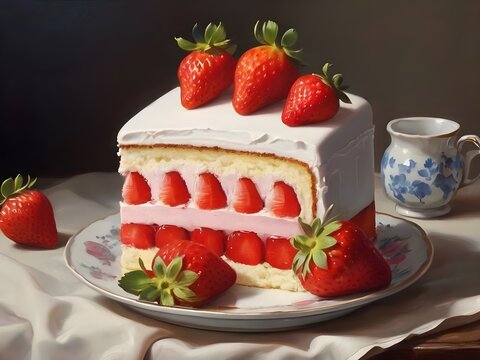 painting still life cake dessert strawberry
