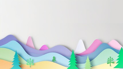 Colorful paper art forest and mountains. A creative panoramic paper art of a forest with bright colored trees against white mountains and a backdrop. Great for christmas postcard design inspiration