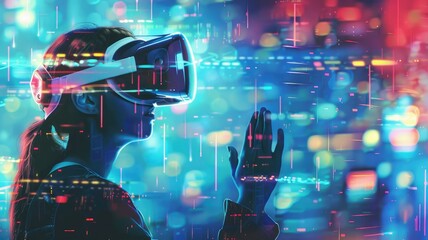 Woman experiencing virtual reality with VR headset - A captivating image showing a woman immersed in a virtual reality world, with colorful digital graphics overlaying the scene