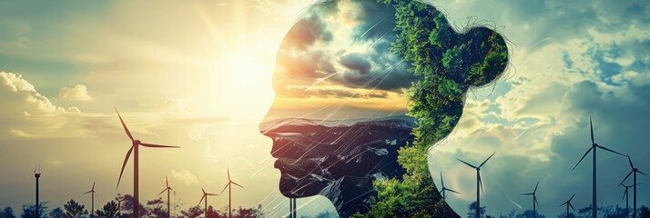 Human silhouette with green nature brain - The silhouette of a human head with a green, nature-filled brain against a panoramic background with wind turbines - obrazy, fototapety, plakaty