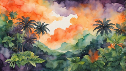 Fototapeta na wymiar Dynamic watercolor backdrop with hues of jungle green, vibrant orange, and deep purple, evoking the lush foliage of a tropical jungle under a cloudy sky.