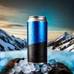 metallic mockup displaying a blank black and blue chilled iced cold can banner, background wallpaper