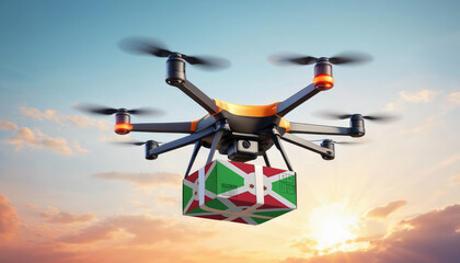 A drone delivers a box with a Burundi flag. The concept of delivering goods, food from stores to the client’s home in the Burundi.