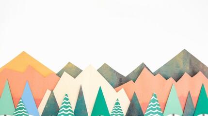 Colorful paper art forest and mountains. A creative panoramic paper art of a forest with bright colored trees against white mountains and a backdrop. Great for christmas postcard design inspiration