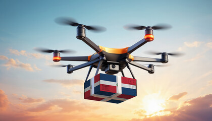 A drone delivers a box with a Dominican Republic flag. The concept of delivering goods, food from stores to the client’s home in the Dominican Republic. - obrazy, fototapety, plakaty