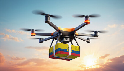 A drone delivers a box with a Ecuador flag. The concept of delivering goods, food from stores to the client’s home in the Ecuador.