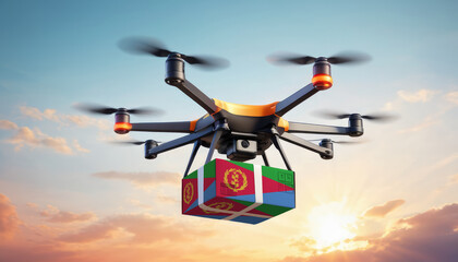 A drone delivers a box with a Eritrea flag. The concept of delivering goods, food from stores to the client’s home in the Eritrea.